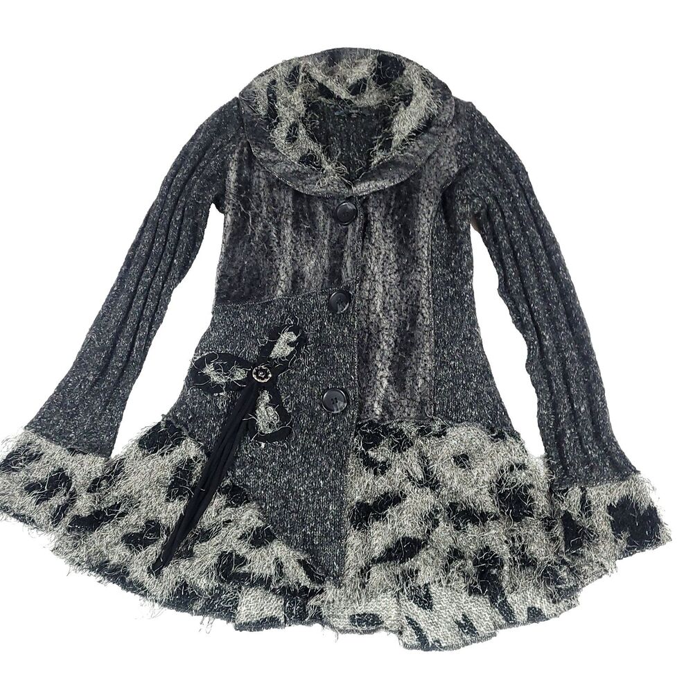 Sioni Animal Print Sweater Tunic Cardigan S Gray Art To Wear Ribbed Knit Tencil